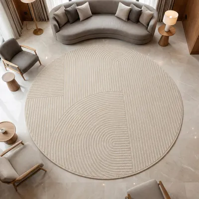 Productafbeelding van Beige modern tapijt met lijnmotief, geschikt voor woon- en slaapkamers. Afmetingen: 140 cm, rond