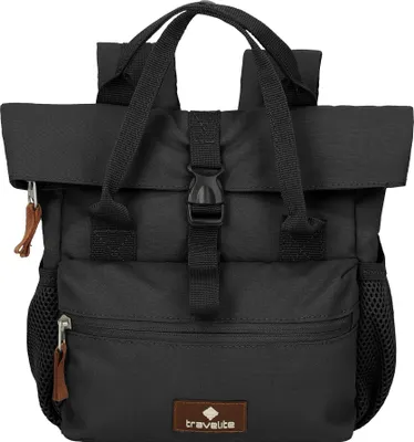 A black backpack is shown from the front against a white background.