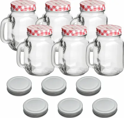 Produktbild von gouveo 6er Set Trinkgläser 450 ml mit Deckel rot, silberfarben - Trinkglas mit Henkel und Drehverschluss - Henkelgläser mit Deckel