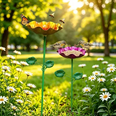 Image de Abreuvoirs pour oiseaux, métal, résistants au gel, à planter dans le jardin. Abreuvoirs pour abeilles, abreuvoirs pour insectes, décorations florales