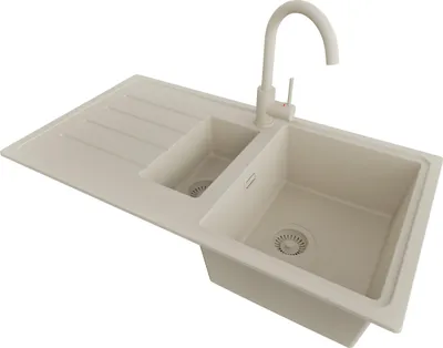 Produktbild von PRIMAGRAN Granitspüle Beige 90x50cm, Spülbecken 1,5 Becken + Küchenarmatur 32x20cm + Ablauf-Set, Küchenspüle ab 60er Unterschrank - Kopenhagen Duo