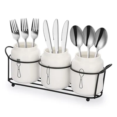 Produktbild von 3-teiliges Besteckkasten Keramik Besteckkorb,Besteckhalter Utensilienhalter,Löffelhalter Töpferware Organizer Arbeitsplatte Küchentisch