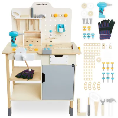 Image de Table de travail avec 74 pièces, établi de bricolage, pour les enfants à partir de 2 ans, jouet en bois pour stimuler la créativité
