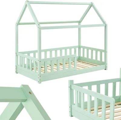 Produktbild von Juskys Kinderbett Marli 80 x 160 cm - Rausfallschutz, Lattenrost & Dach - Holz Mint