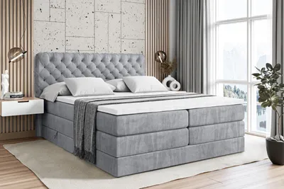 Produktbild von ALTDECOR Boxspringbett mit 2 Matratzen und Topper - 180x200 cm - BOXI8 KING - Hellgrau Samt - Polsterbett mit, H3- und H4- Matratzen, Bettkasten und Lattenrost, Bett mit Stauraum