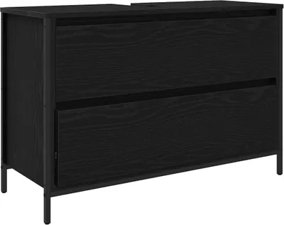 A black wooden vanity cabinet with two drawers, shown from the front on a white background.