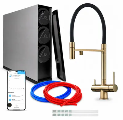Imagen del producto de Filtro de agua por ósmosis inversa Ari Highflex de 600 GPD, con grifo de cocina de 3 vías, cartucho cerámico, giratorio de 360 grados, aireador, latón, acabado dorado cepillado