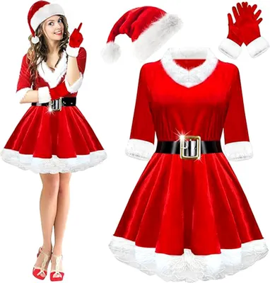 Produktbild von 4-teiliges Weihnachtsfrau-Kostümset für Damen: Samtkleid mit Gürtel, Weihnachtsmannmütze und Handschuhen für die Weihnachtsfeier
