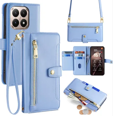 Produktbild von Handykette für Xiaomi 15T Hülle mit Band Handyhülle Kartenfächer Kunstleder Umhängetasche in Hellblau