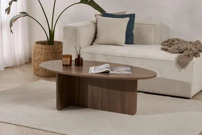 A living room scene with a couch, coffee table, and plant.