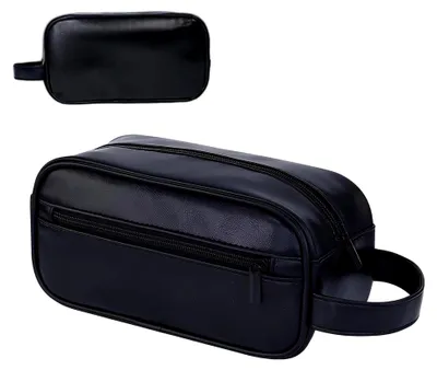 Produktbild von Kulturbeutel aus Leder für Herren, praktische Toilettentasche aus Kunstleder für Reisen und Kurztrips, kompakte Kulturtasche mit 23 x 11 x 9 cm