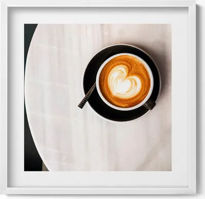 Produktbild von Tasse Kaffee mit einem Herz– Wandbild mit Rahmen – Gerahmtes Bild  – Wanddekoration – 50x50 cm –  Weiß Rahmen