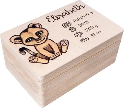 Produktbild von Creative Deco Erinnerungsbox Baby Holzkiste Personalisiert | 30 x 20 x 14 cm (+/-1cm) | Löwen Motiv für Geburt & Taufe | Geschenk Spielzeugkiste Holzbox mit Deckel Gravur | Groß Natur Kasten