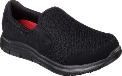 A black Skechers slip-on sneaker is shown from a side angle against a white background.
