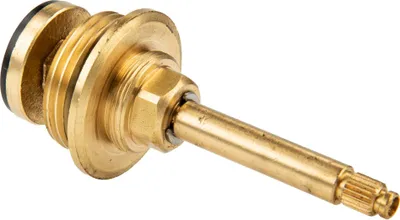 A close-up studio shot of a brass valve stem on a white background.