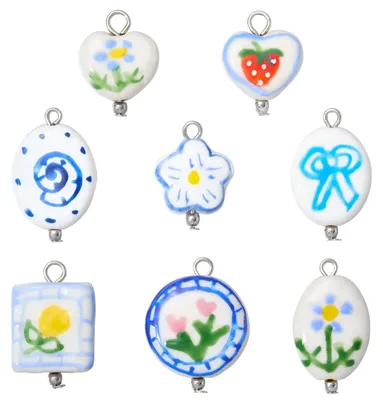 Keramik-Charm-Set, 8 Stück, Blumen, Blau, DIY-Schmuck