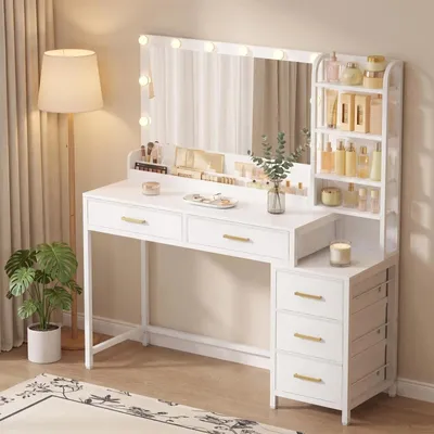 Produktbild von Schminktisch, Weiß, 40 × 130 × 141 cm | Schminktisch mit Groß Spiegel, Frisiertisch mit 5 Schubladen, 5 Offenen Fächern, Stauraum vor Dem Spiegel