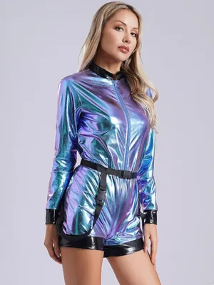 Zdjęcie produktu dla Damski metaliczny kombinezon astronauty - kostium w rozmiarze XL na Halloween i imprezy tematyczne - kombinezon kosmicznego podróżnika z długimi rękawami o metalicznym wyglądzie