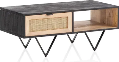 Produktbild von WOHNLING Couchtisch Sofatisch Massivholz Rattan 90x45x37cm Wohnzimmertisch Tisch