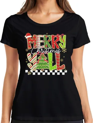 Produktbild von Merry Christmas Y'all Weihnachten Tannenbaum gestreift Glitzer Damen T-Shirt, Schwarz, 3XL