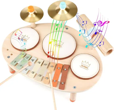 Image de Ensemble d'instruments de musique en bois - Tambour et xylophone pour enfants - Développement musical - Jouet éducatif 9-en-1 - Dimensions : 16 x 4 x 22 cm