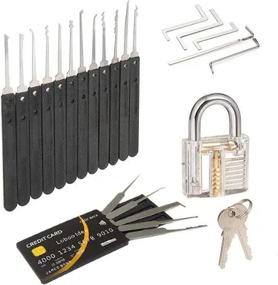 Produktbild von Famanu Lock Pick Set 17-teilig mit Übungsschloss und Kreditkarten-Toolkit - für Einsteiger und Profis