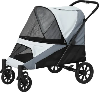 Produktbild von Hundewagen, Faltbarer Hundebuggy für große Hunde, Haustierwagen mit 4 Rädern, Sicherheitsleinen, Bremsen, Grau