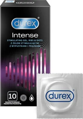 A box of Durex Intense condoms and one condom in its packaging.