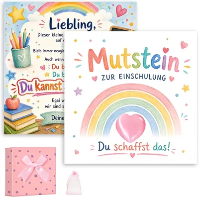 Produktbild von Mutstein für Kinder Einschulung Schulkind 2026 Mädchen Geschenk,Schultüte Füllung Geschenke zur Einschulung Glücksbringer Schulanfang–Rosa Herz Set