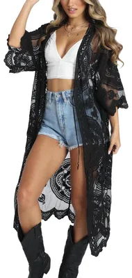 Produktbild von Solidchoice – Kantenspitzen-Cardigan-Kleid im Boho-Stil, langes Kimono-Muster, ideal für den Strand