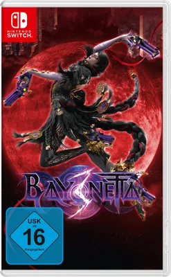 The cover art for the Nintendo Switch game Bayonetta 3, featuring the titular character in action against a red moon.