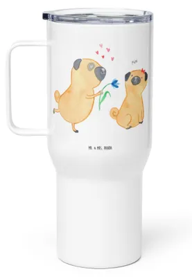 Produktbild von Mr. & Mrs. Panda Thermobecher Mops Verliebt - Weiß - Geschenk, Knuffig, Liebe, Hund, Kaffee-to-go-Becher, Teetasse, Möpse, Sprüche, thermosbecher, Isolierbecher