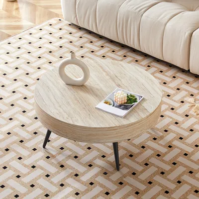 Produktbild von MODFU Couchtisch Rund,Beistelltisch in heller Travertin-Holzoptik schwarzen Metallbeinen für Wohnzimmer und Schlafzimmer Holz