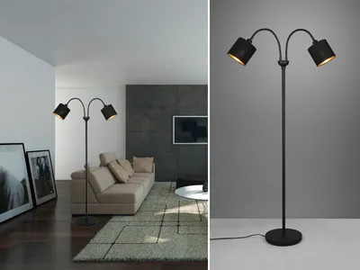 Produktbild von Kleine LED Stehleuchte 2 flammig Bauhausstil mit Stofflampenschirm Schwarz Gold