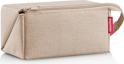 A beige toiletry bag with a zipper and a handle, placed on a white background.