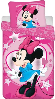 Immagine prodotto di Lenzuola reversibili Disney per bambini Minnie Mouse Why Hello con abito blu e fiocco rosa stelle piumone 140 x 200 cm + cuscino 70 x 90 cm 100% poliestere