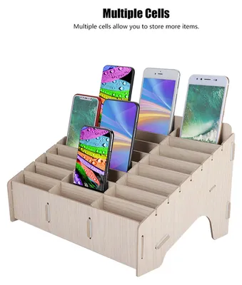 Produktbild von Aufbewahrungsbox aus Holz für mehrere Handys – für einen aufgeräumten Schreibtisch