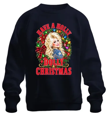 Imagen del producto de Sudadera con cuello redondo, estilo "Have A Holly Dolly Christmas", con motivos de música country, con la imagen de Dolly Parton, color azul marino, talla L
