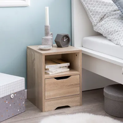 Obrázek produktu pro Noční stolek FineBuy Sonoma 31 x 43 x 31 cm, 1 zásuvka a odkládací přihrádka, noční komoda s úložným prostorem, noční stolek, jednoduchý, moderní, malý noční stolek