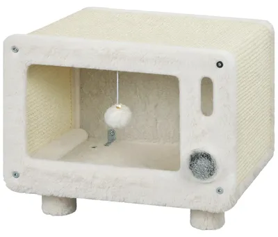 Produktbild von PawHut Katzenhaus im TV-Design, Katzenhöhle mit Hängematte und Spielball, Weiß
