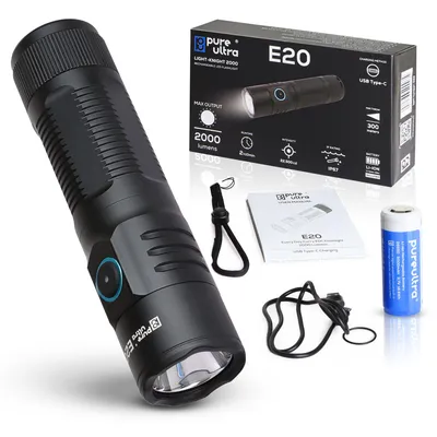 Produktbild von E20 LED Taschenlampe – 2000 Lumen, 300m Reichweite, USB-C Aufladung, IP67 Wasserdicht, 26650 Akku – Kompakte EDC Lampe für Outdoor, Camping & Notfälle