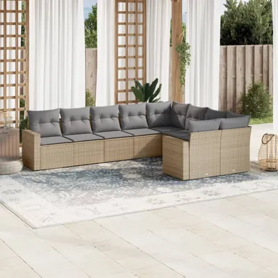 Produktbild von Design 9-tlg. Garten-Sofagarnitur mit Kissen Beige Poly Rattan, Gartenmöbel-Sets 2024 Neu