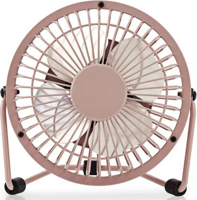 A close-up of a small pink desk fan against a white background.