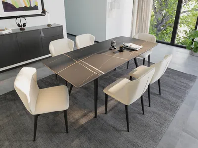 Produktbild von Esstisch Set RIGA 200 schwarze Keramikplatte mit 6 Stühlen Stoffbezug beige : Schwarz