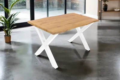 Produktbild von Esstisch Josy | 120 x 80 cm | Holz Wildeiche-Optik | X-Gestell Metall weiß | 40 mm Tischplatte mit Baumkante | Tisch für Esszimmer & Küche