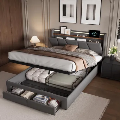 Produktbild von INONEFT Polsterbett 160x200 cm mit Stauraum, Jugendbett mit Ladefunktion (USB & Type-C), Boxspringbett mit LED und Lattenrost, Leinen, Grau