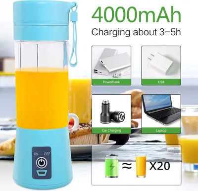 Collage showing a portable blender and various charging options, along with a comparison graphic for battery life.