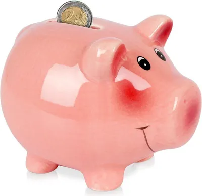 A pink ceramic piggy bank with a coin in its slot.