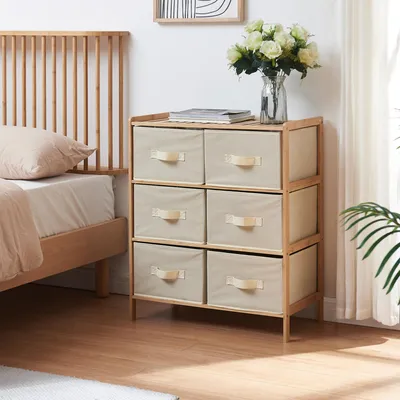 Produktbild von Kommode 'Maldon' mit 6 Stoffschubladen 79 x 66 x 35 cm Schubladenschrank Bambusgestell Natur/Beige