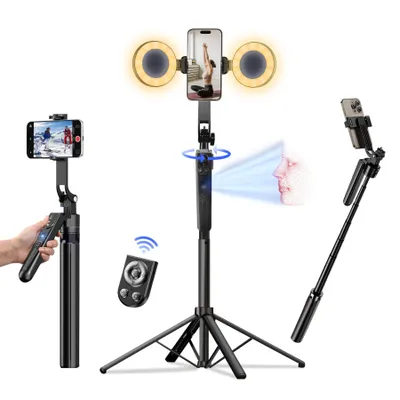Produktbild von Auto-Tracking Handy Stativ mit Licht, 163cm 360° Selfie Stick mit Gesichtserkennung & Fernbedienung, 4-Bein Smartphone Stativ ohne App für Vlog